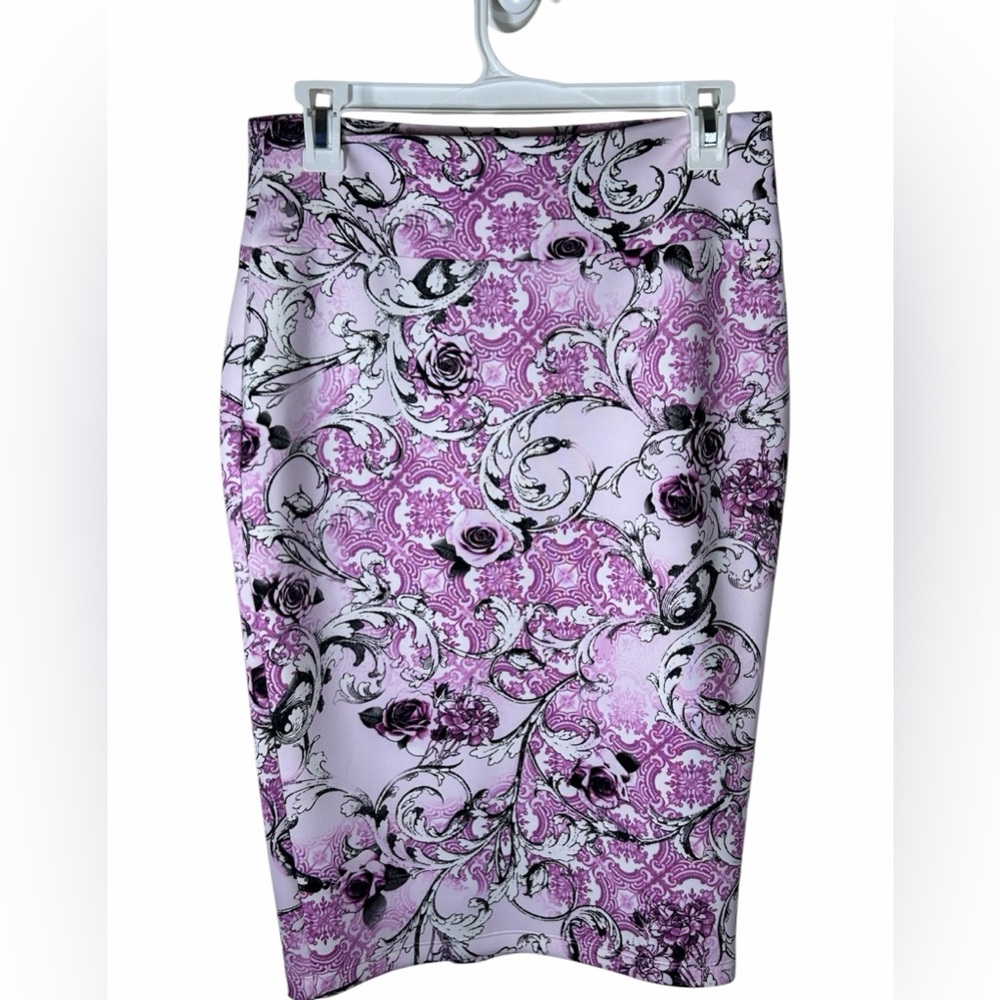 Thalia Sodi Lavender and Black Floral Scroll Pencil Skirt